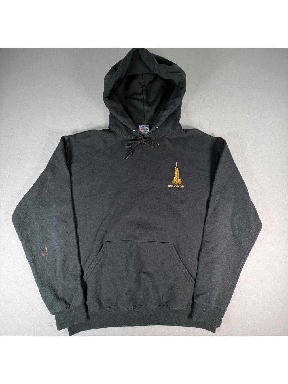 VTG New York City Hoodie Mens L Black Gold Embroidered Empire State NYC Pullover